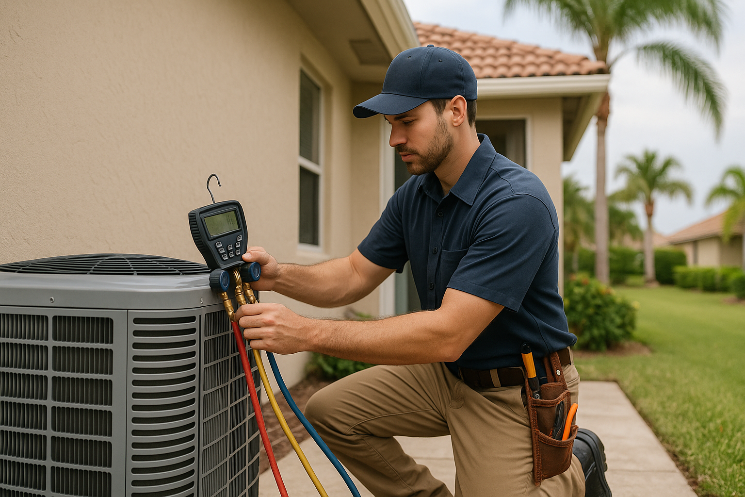 Editorial illustration depicting hvac upgrade hurricane season naples fl