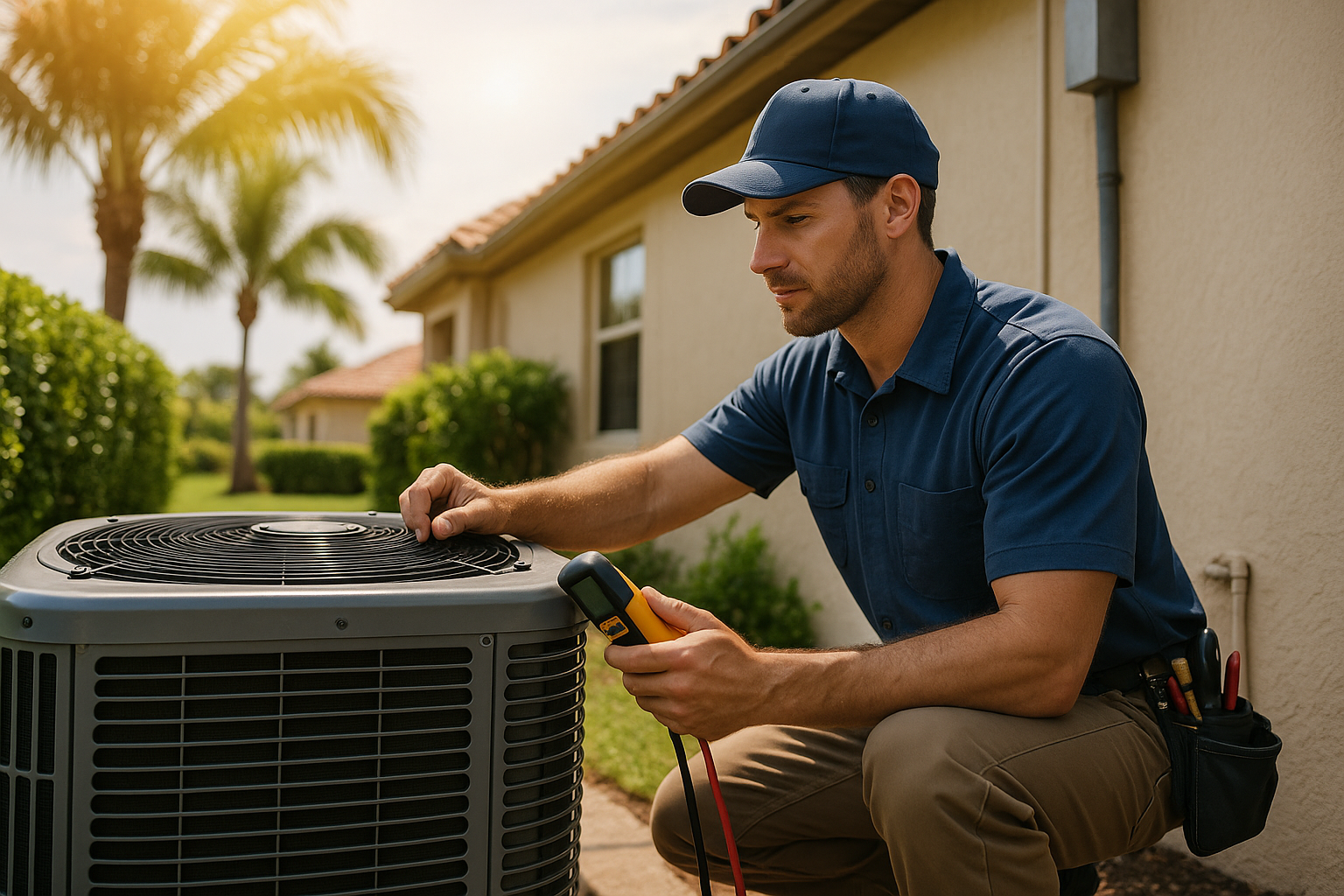 Editorial illustration depicting air conditioner struggles extreme heat index